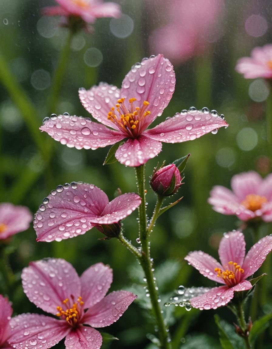 Dew-Kissed Pink Flower: Microphotography Acrylic Painting