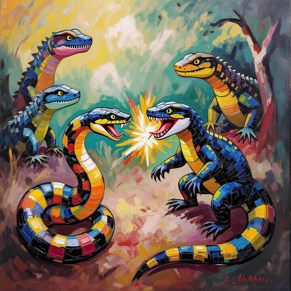 Snake and Mongoose Duel in Neo-Impressionism Style