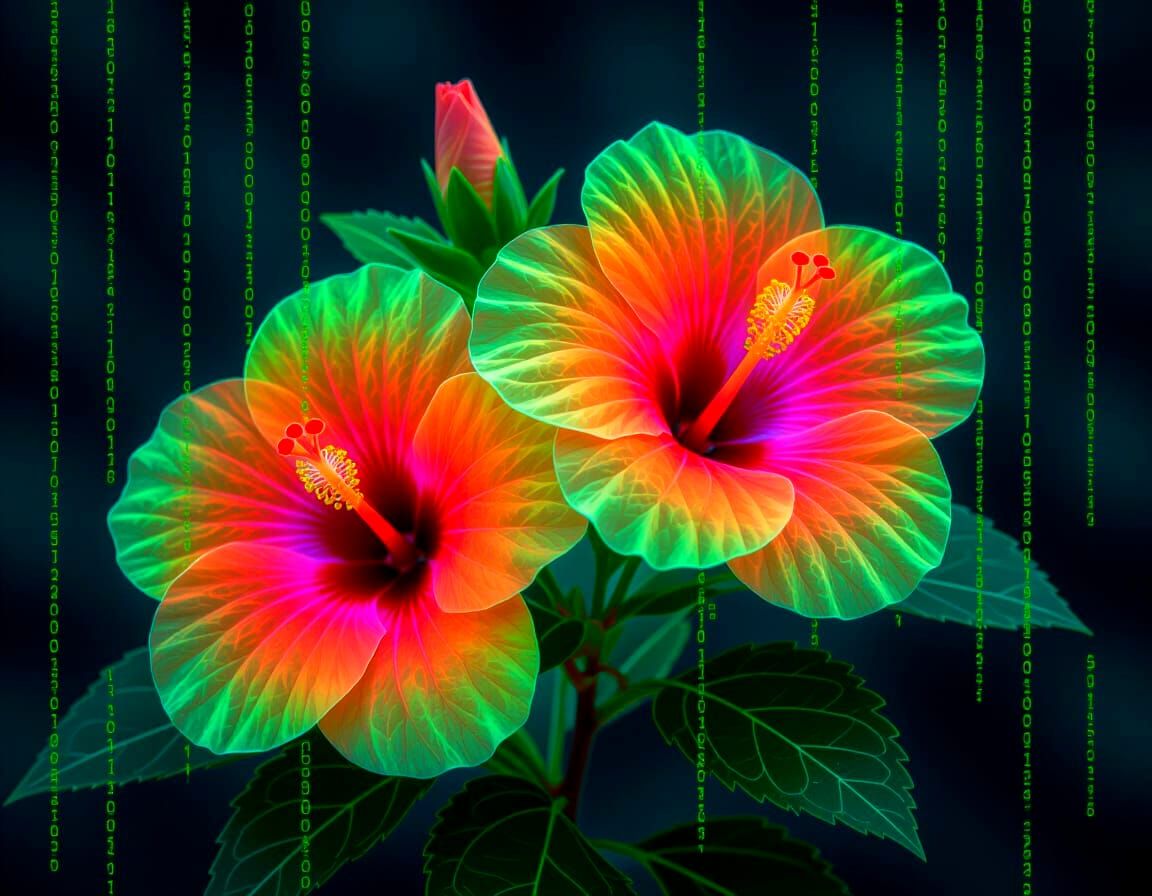 Neon Hibiscus Flowers in Spectral Light Painting
