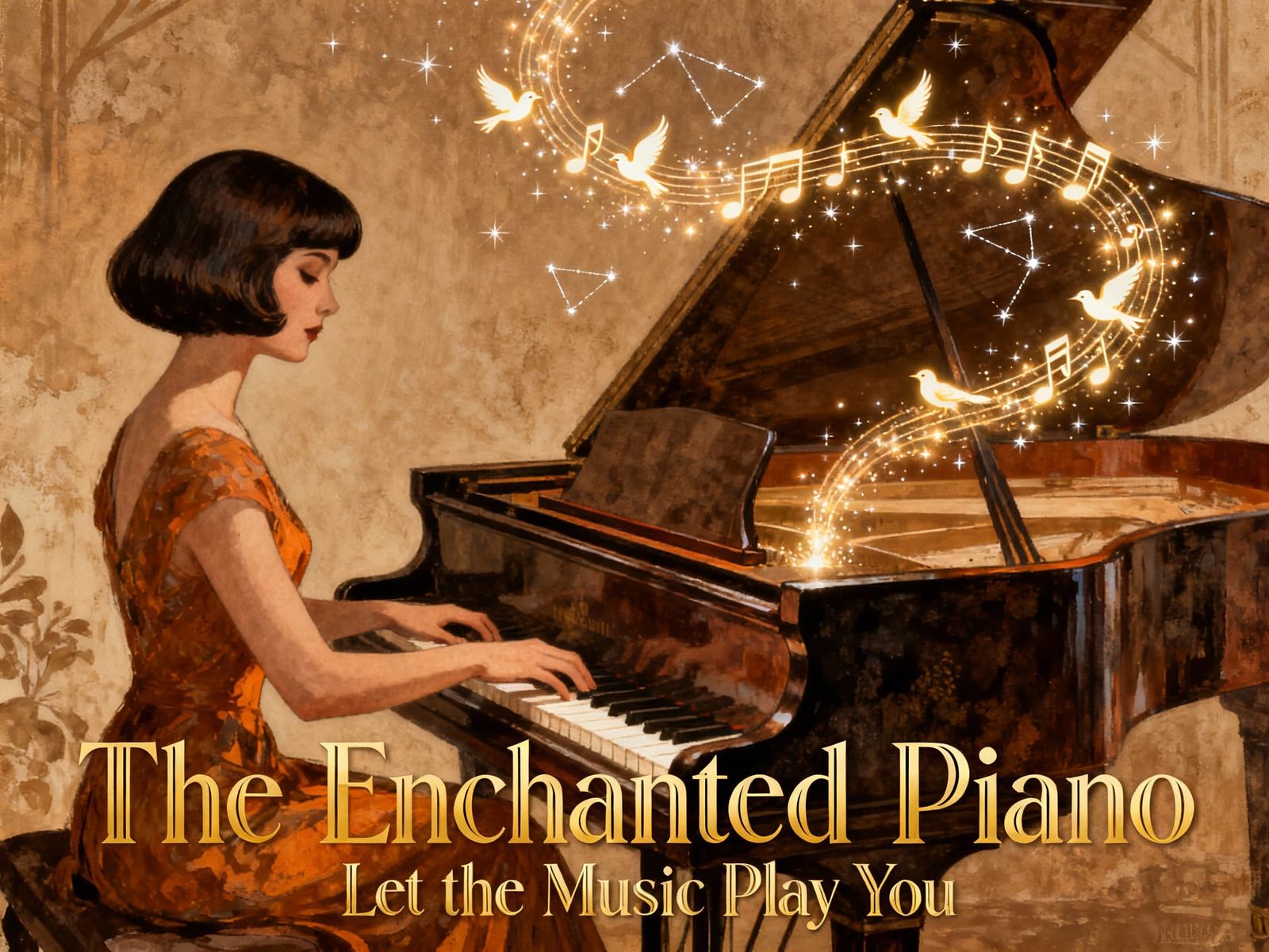 Enchanted Piano Art Deco Poster with Luminous Notes