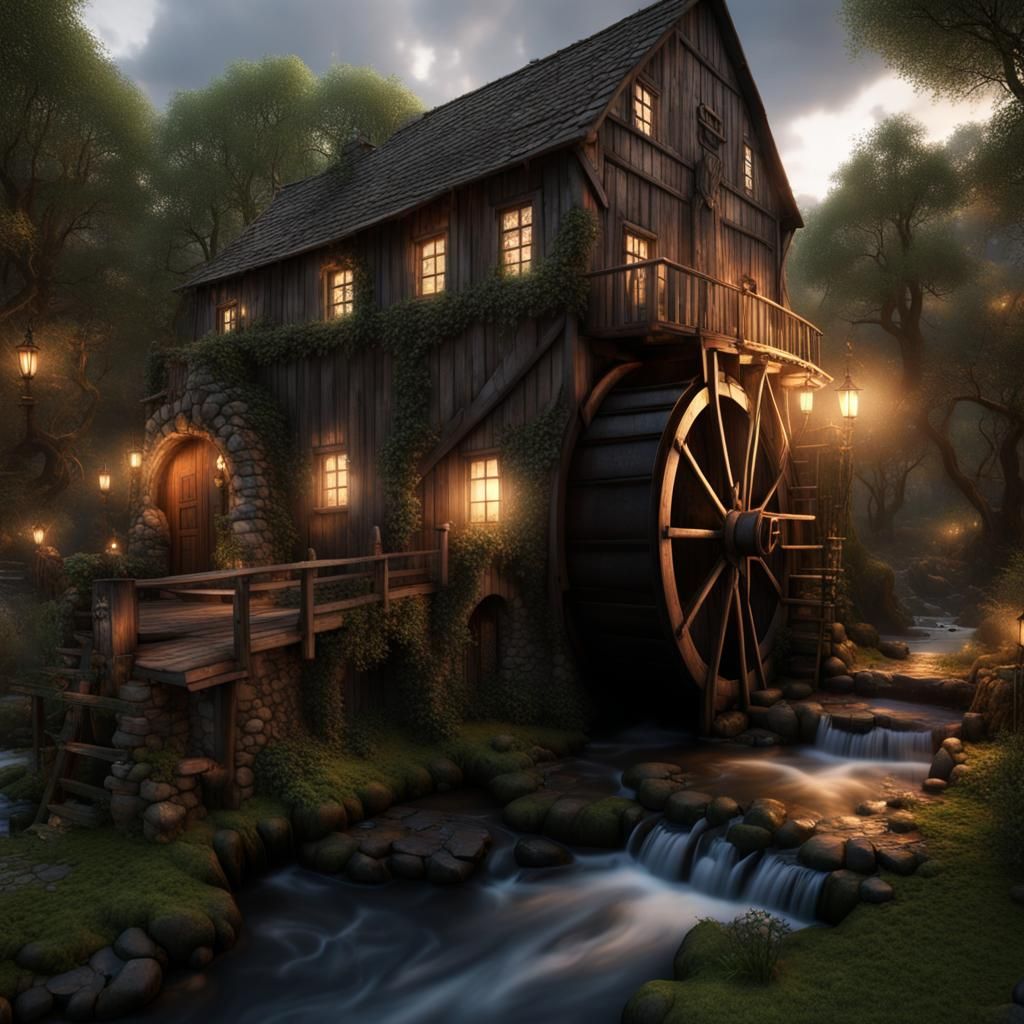 Whimsical Gothic Grist Mill with Fairylights