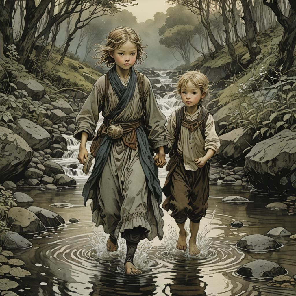 Brother and Sister Wading Stream, Fairytale Illustration