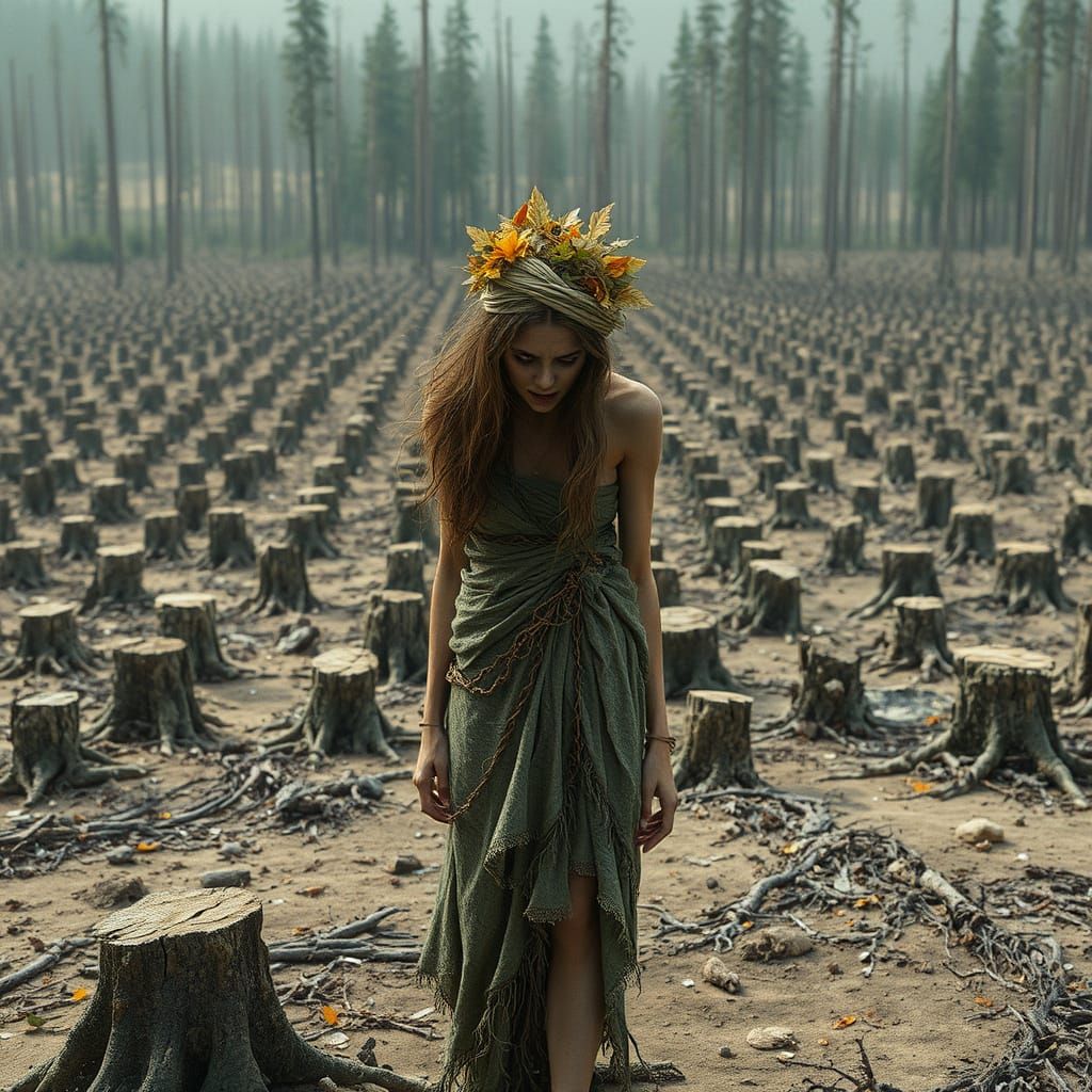 Distraught Dryad Amidst Clear-Cut Forest in Vibrant, Fantasy...