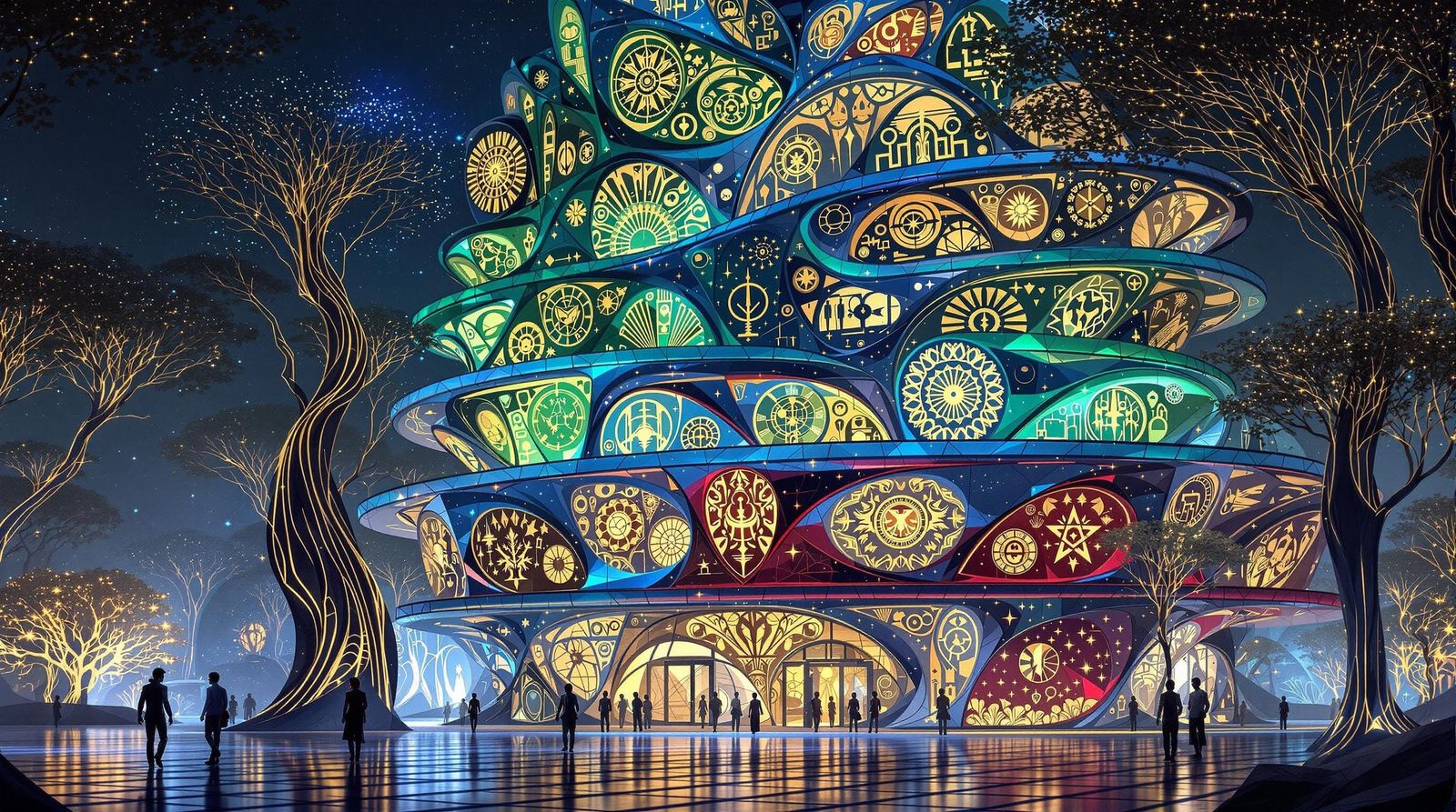 Gustav Klimt-Inspired Futuristic Mansion with Glowing Panels...