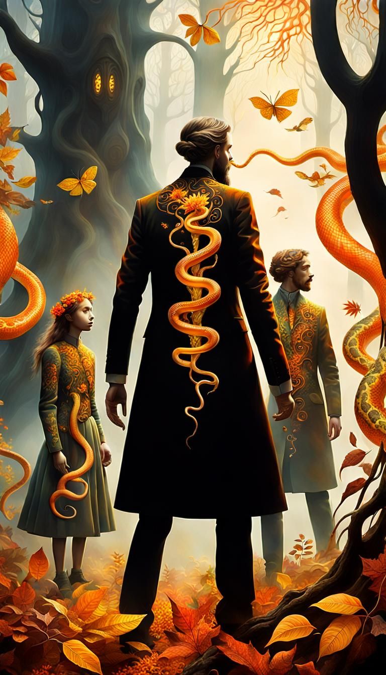 Mystical Forest Scene with Figures in Surreal Style