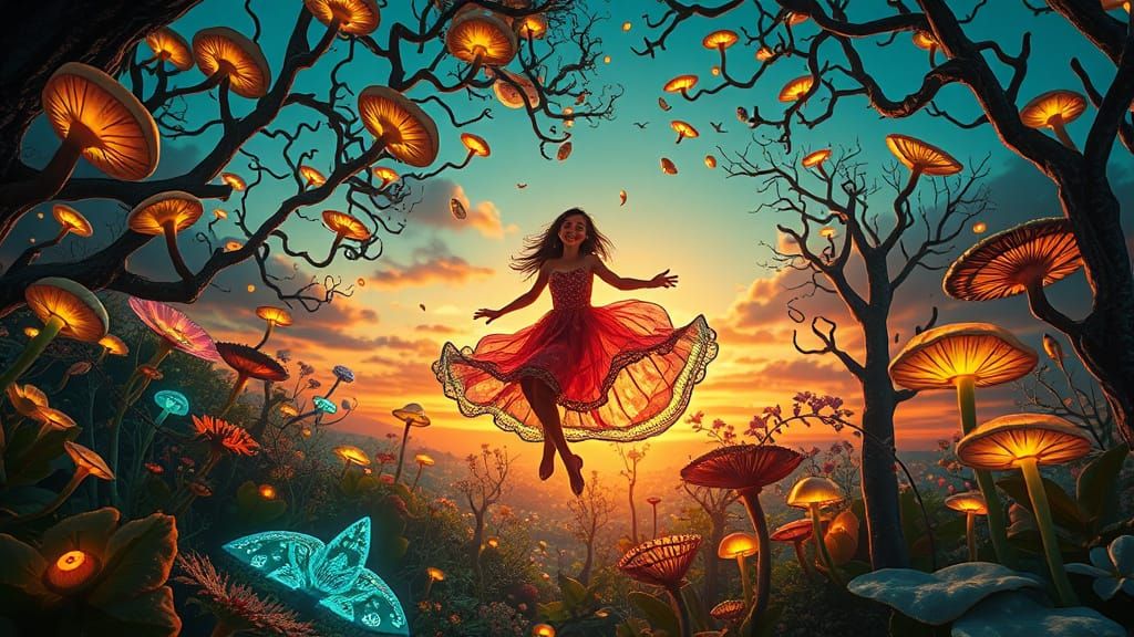 Dreamlike Surrealism in Vibrant, Whimsical Fantasy Landscape