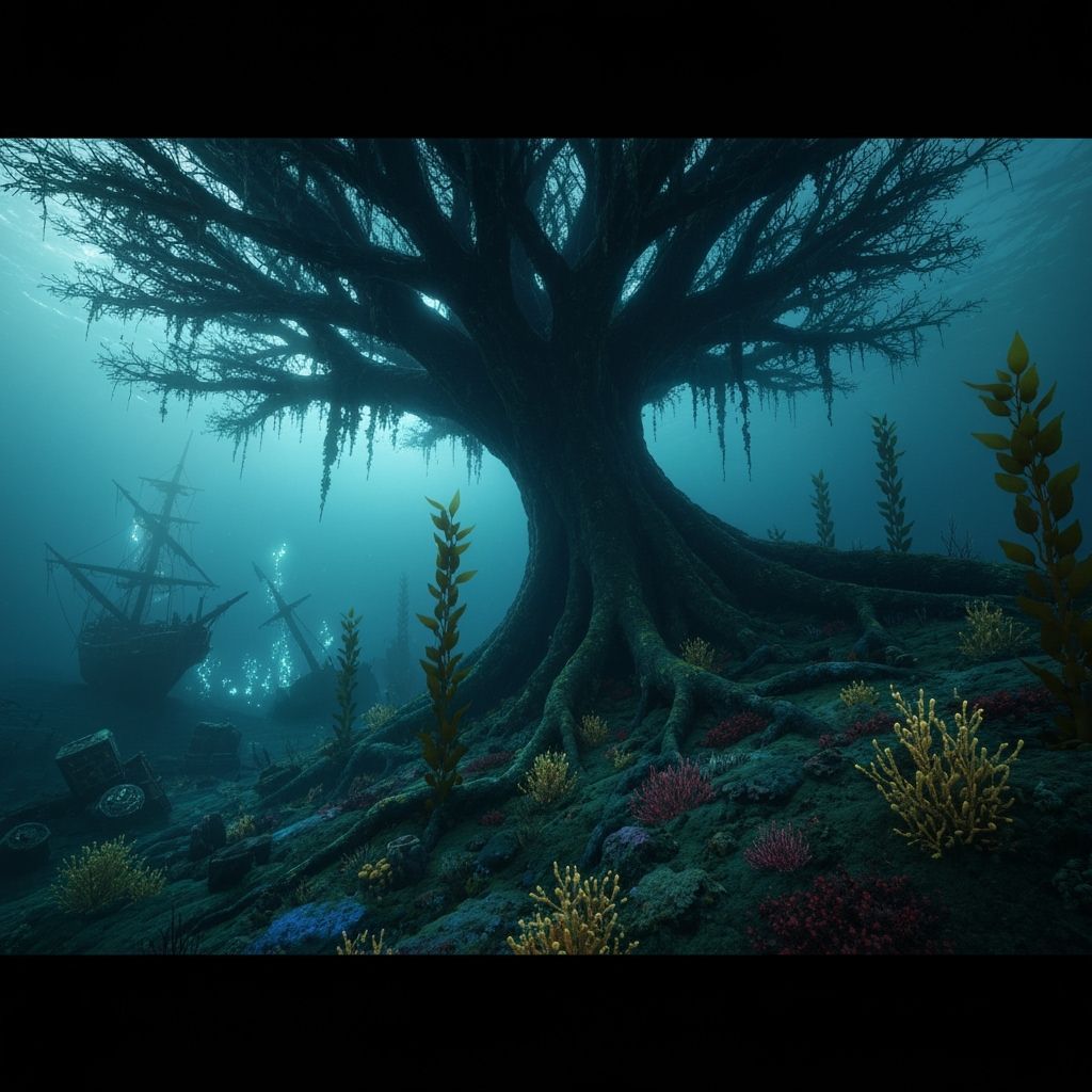 Colossal Ocean Tree with Glowing Coral, Hyperrealistic Style