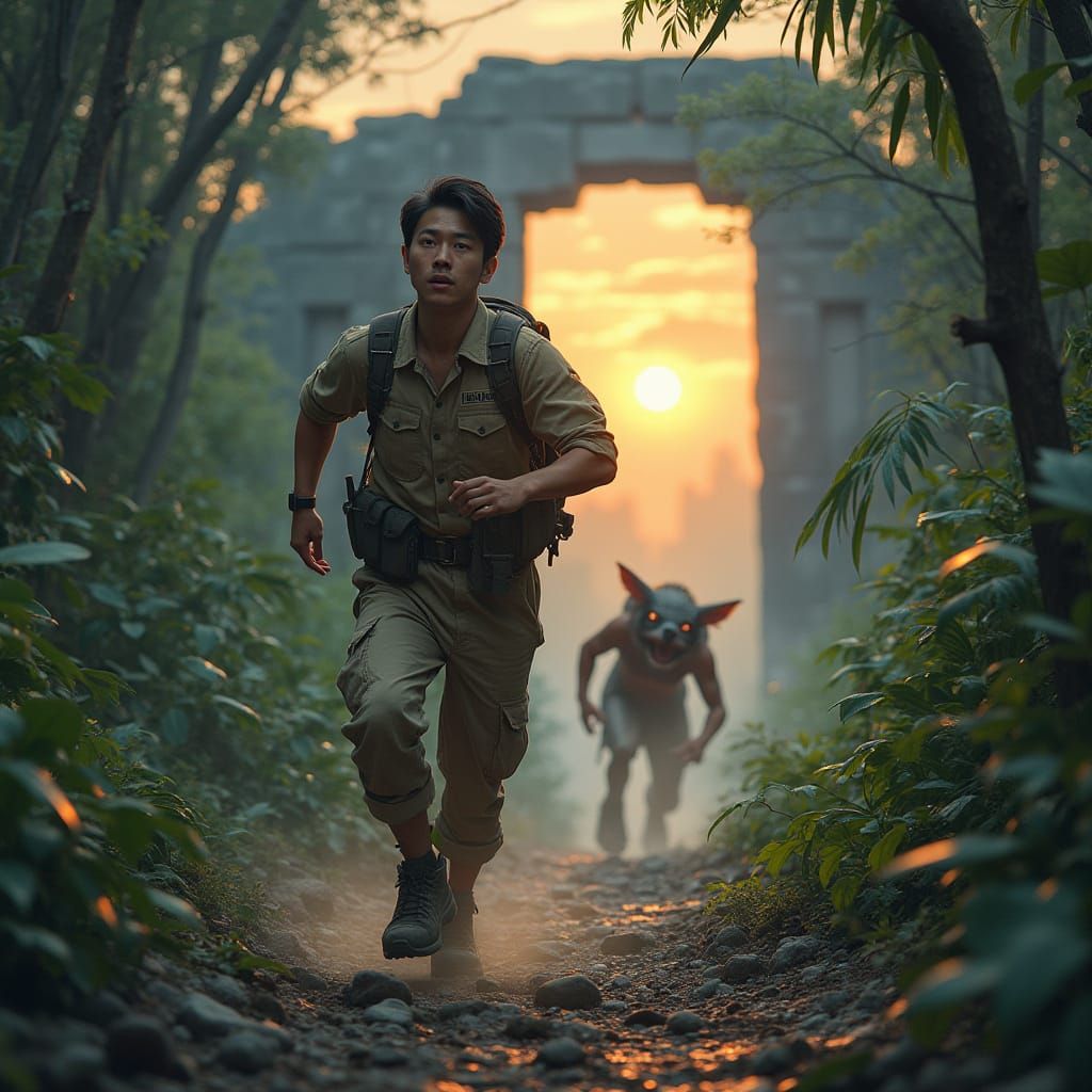 Man Pursued Through Ancient Ruins, Hyperrealistic Art