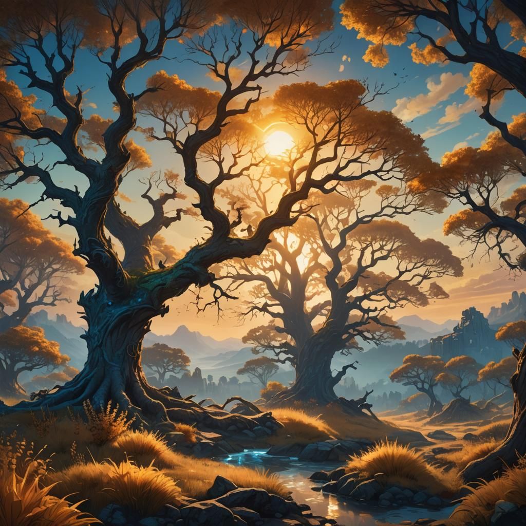 Mystical Sunrise Landscape in Ethereal Fantasy Art