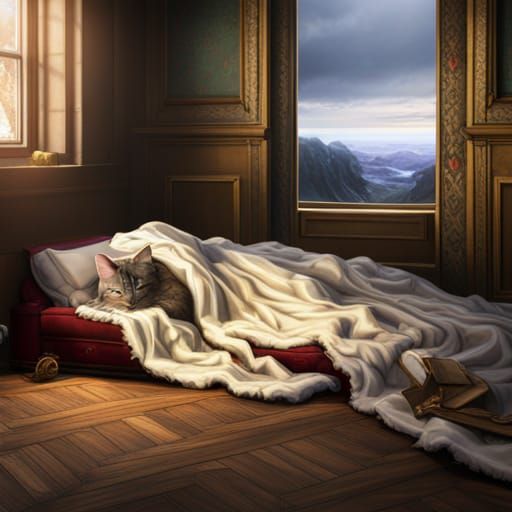 Cat on Fluffy Blanket: Detailed Matte Painting