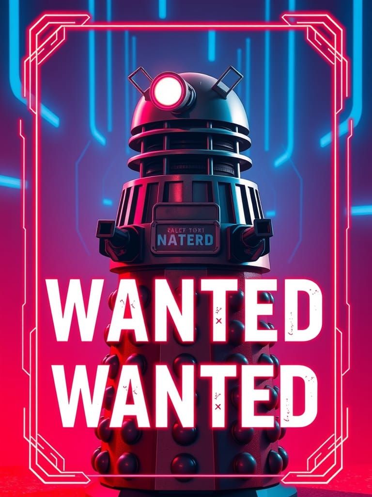 Dalek Wanted Poster with Futuristic Glowing Symbols