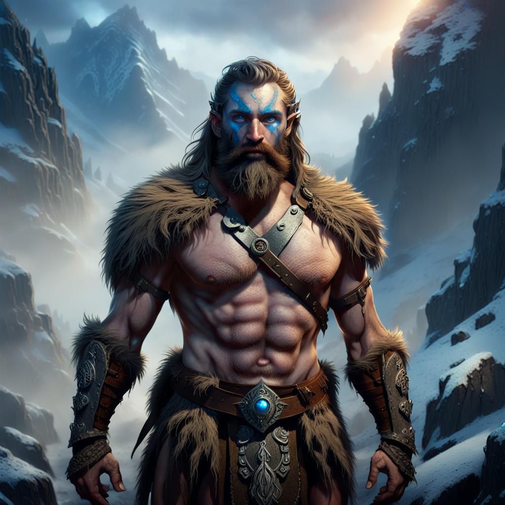 Barbarian in Misty Mountain Pass: Fantasy Art