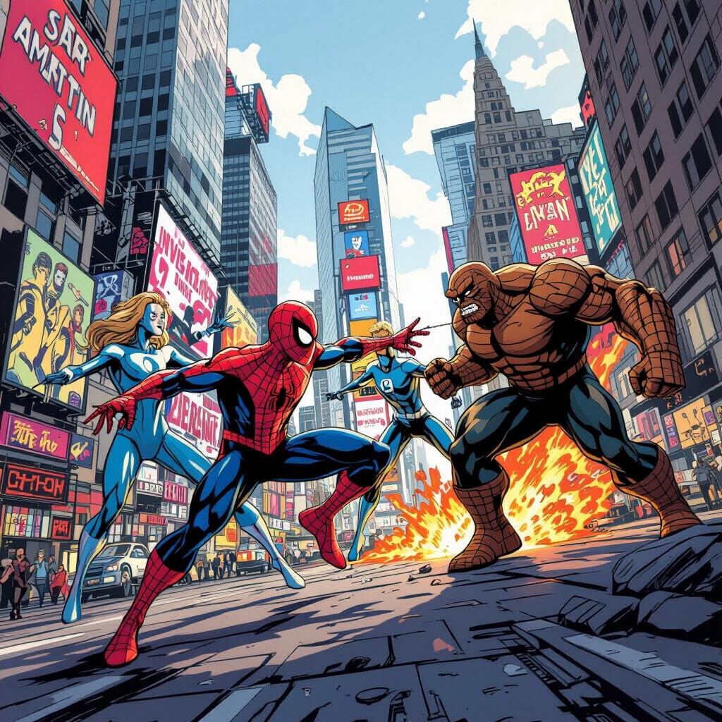 Spider-Man Battles Fantastic Four in Dynamic Cityscape