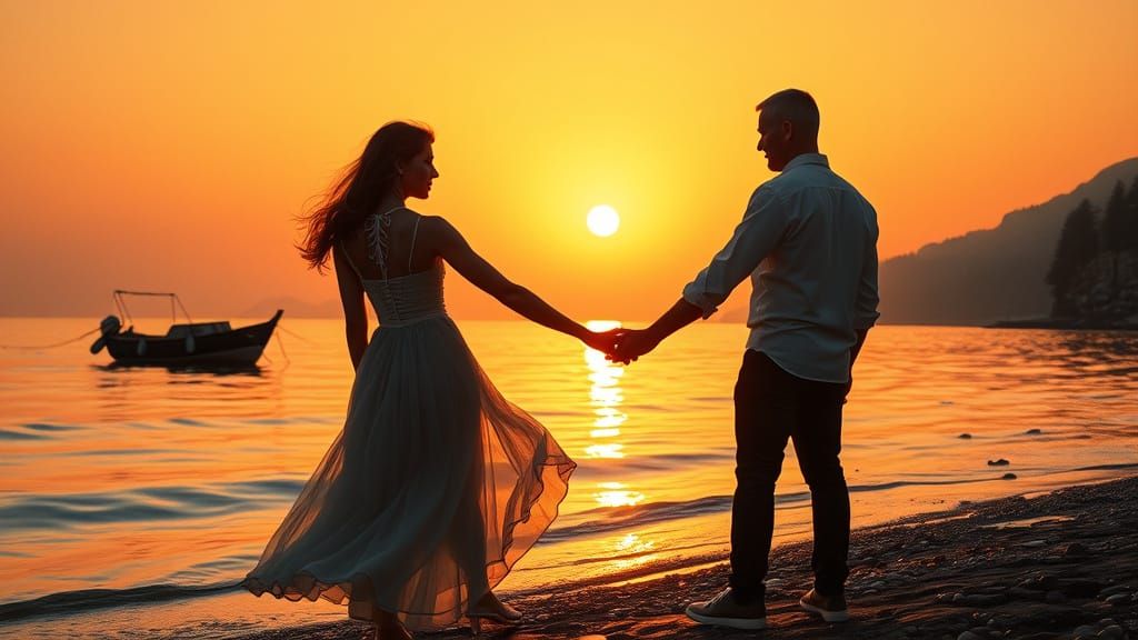 Romantic Couple Embracing Sunset on Tranquil Shoreline