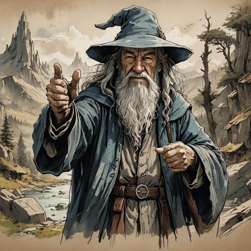 Gandalf Gives Thumbs Up: Ink Sketch