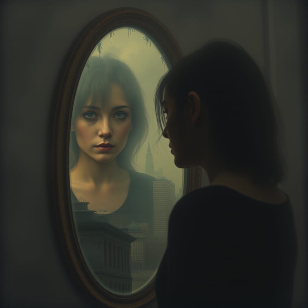 Distorted Reflection in Foggy Mirror, Surreal Image
