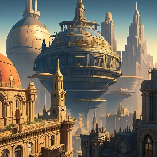 Airship Over Mystical City: Retro-Futuristic Travel Poster