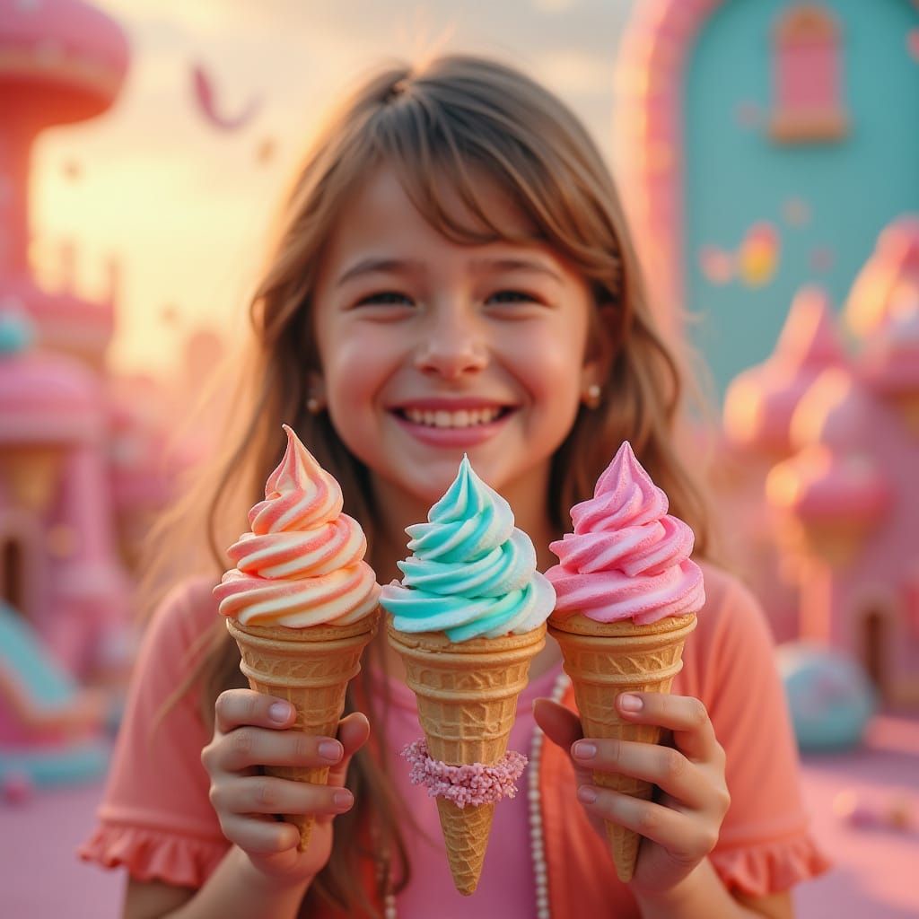 Girl with Melting Ice Cream in Dreamy Landscape
