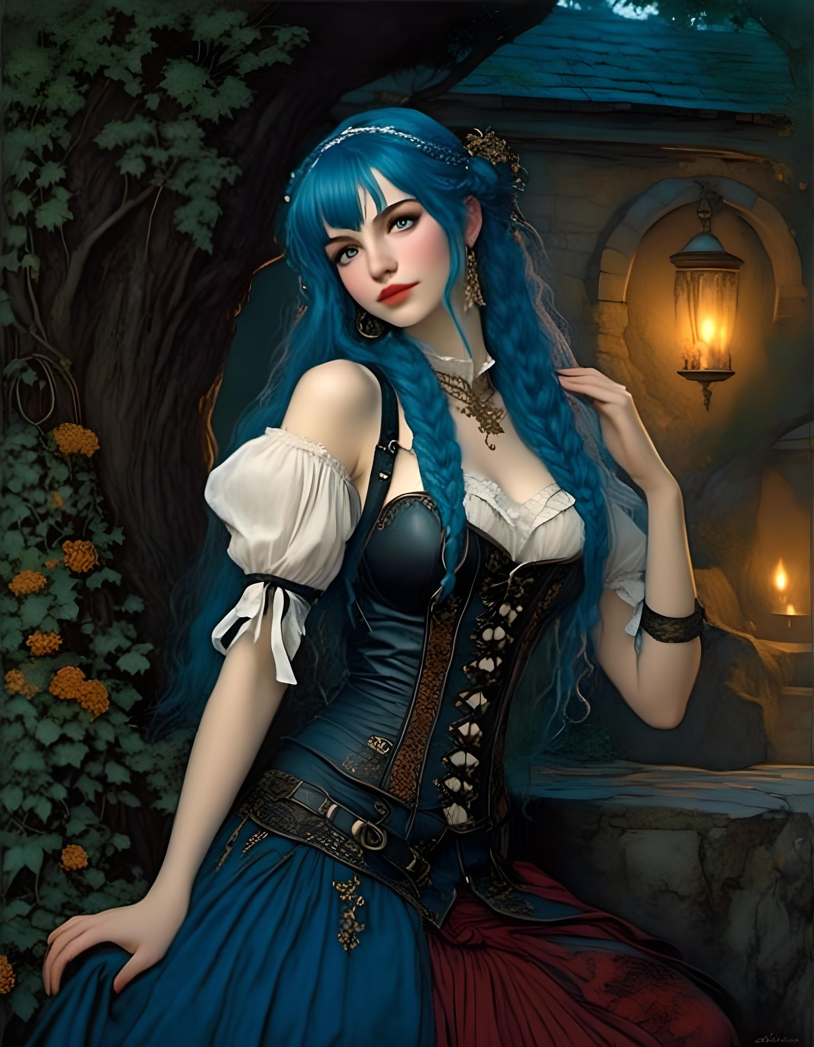 Medieval Woman with Blue Hair in Jewel Tones