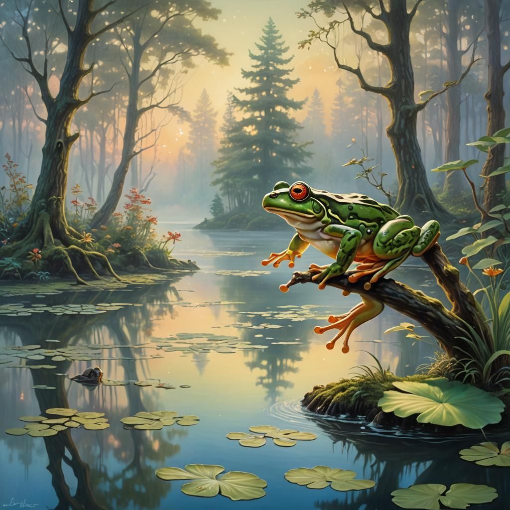 Frog Leaping in Ethereal Surrealist Landscape
