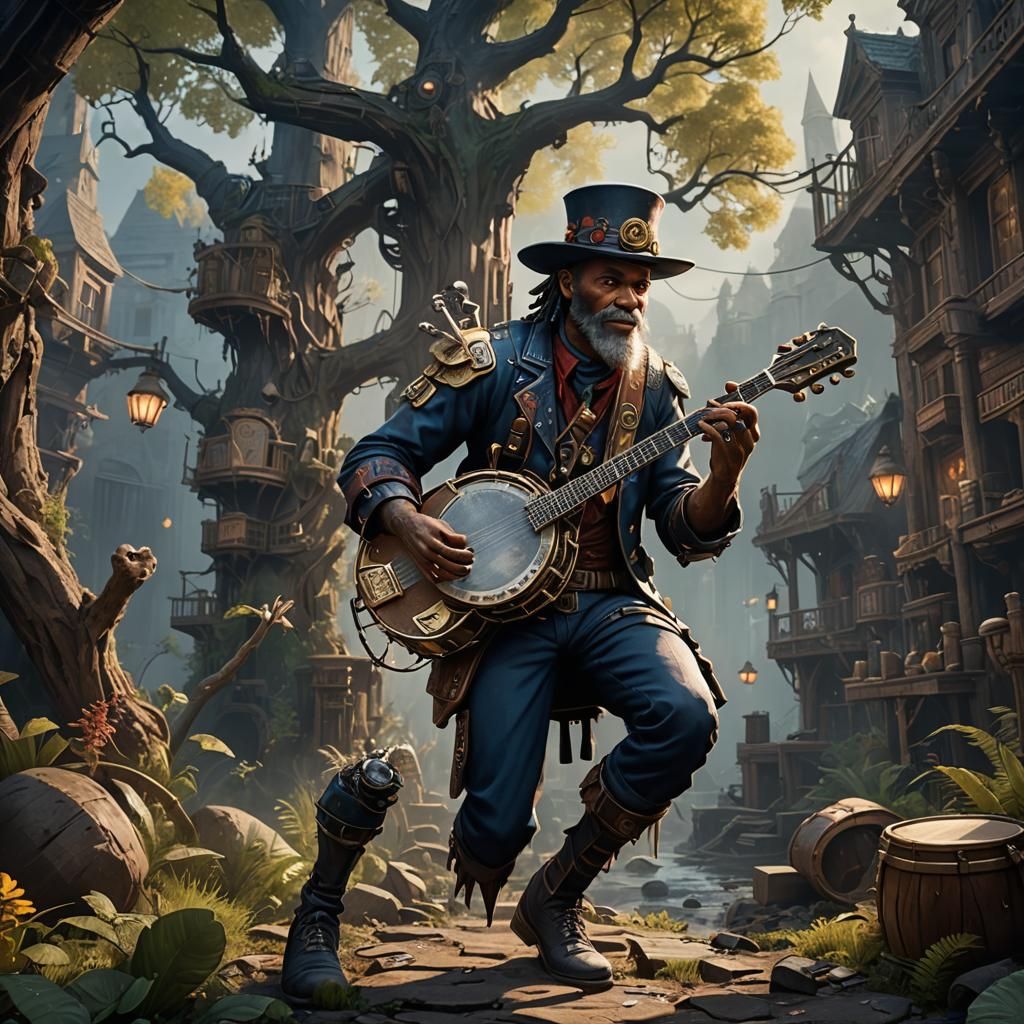 Biopunk Banjo Player in Detailed Matte Painting