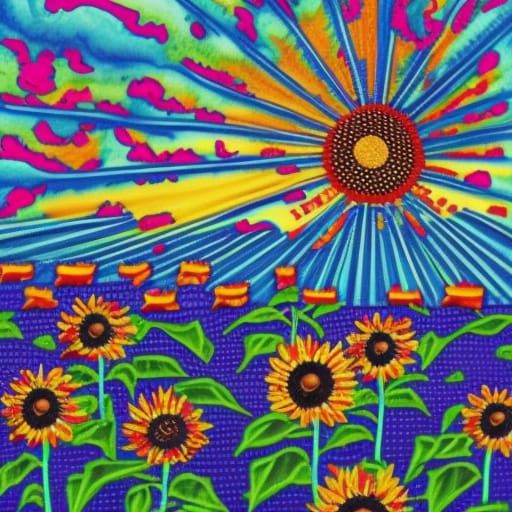 Sunrise Over Sunflower Field With Sunbeams