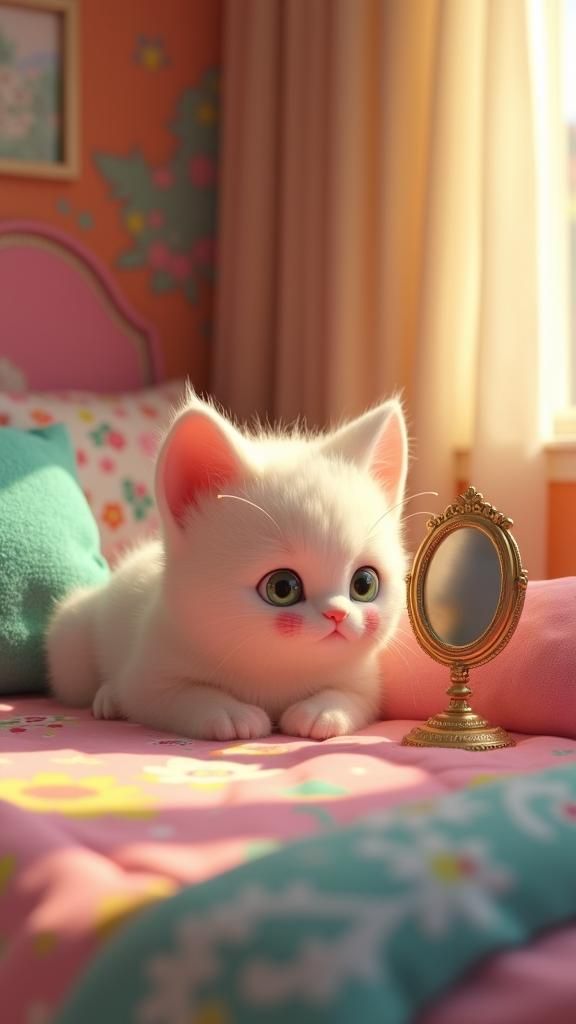 Colorful 3D Kitten Named Whiskers in Bedroom