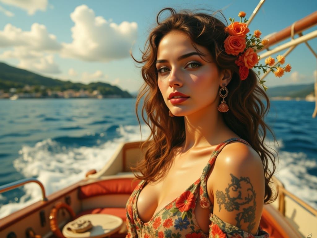 Elegant Woman on Yacht in Art Nouveau Style