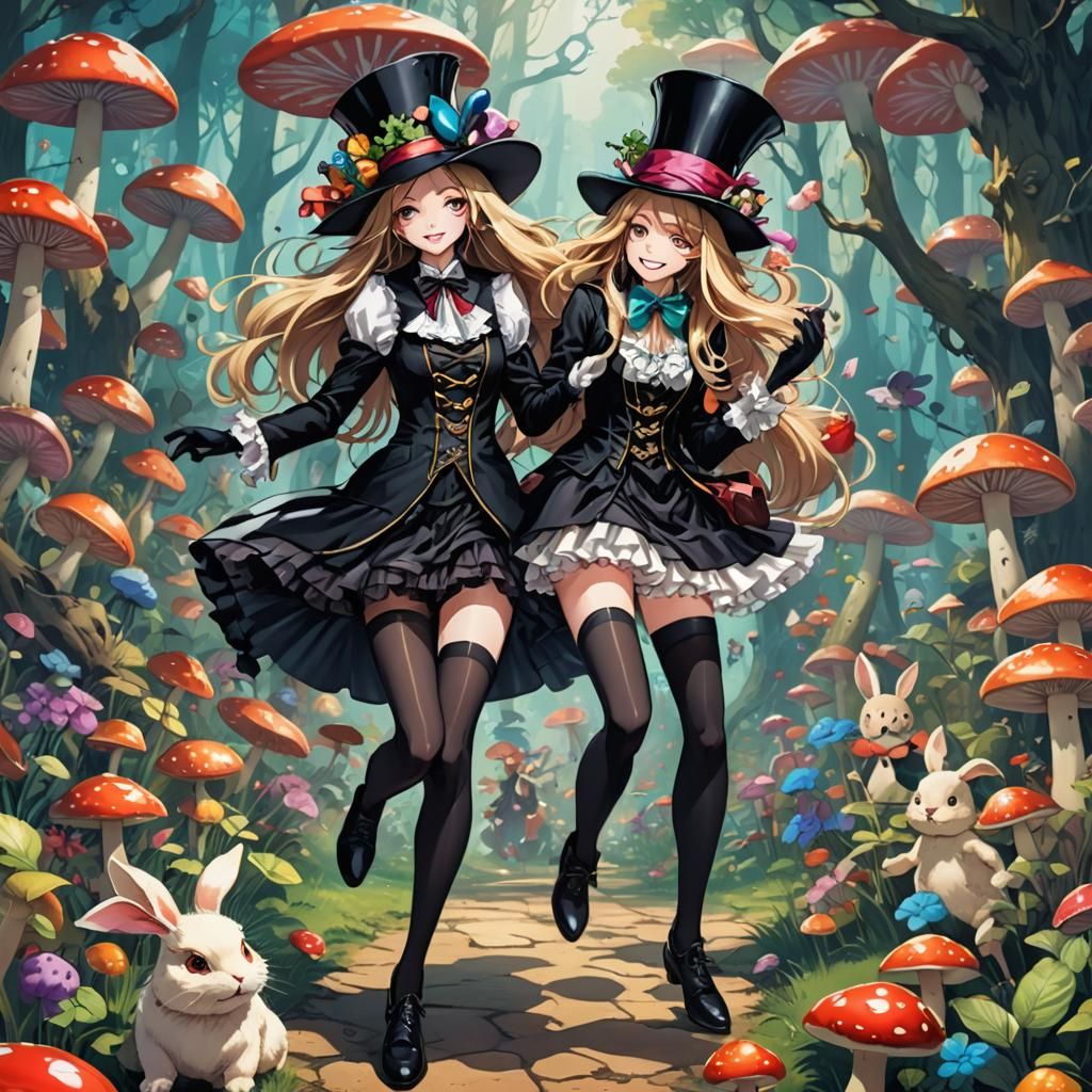 Mad Hatter Lady Chasing Rabbit: Cel-Shaded Anime Style