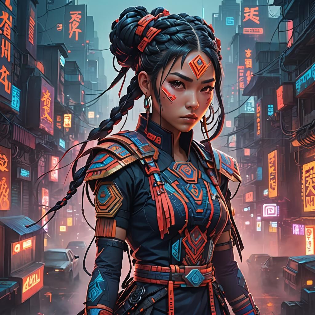 Aztec Fusion in Cyberpunk Anime Style