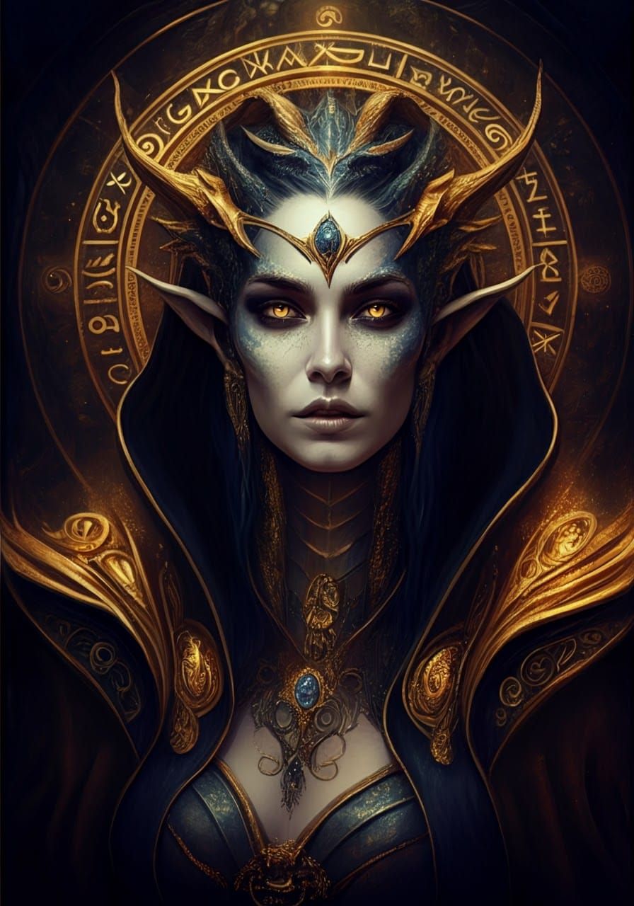 Dragon Sorceress Portrait with Golden Symbols