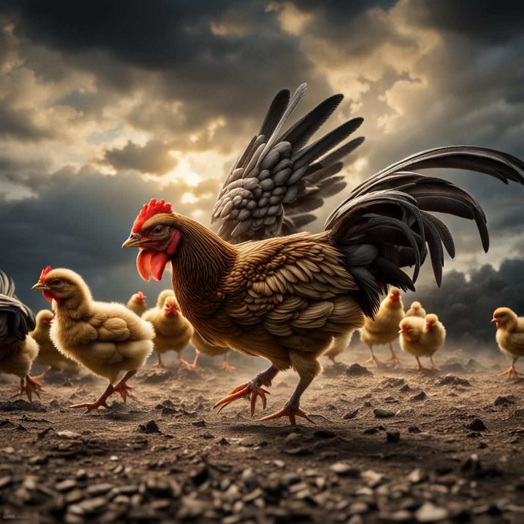 Baby Chickens Evade Jet Attack: Hyperrealistic Image