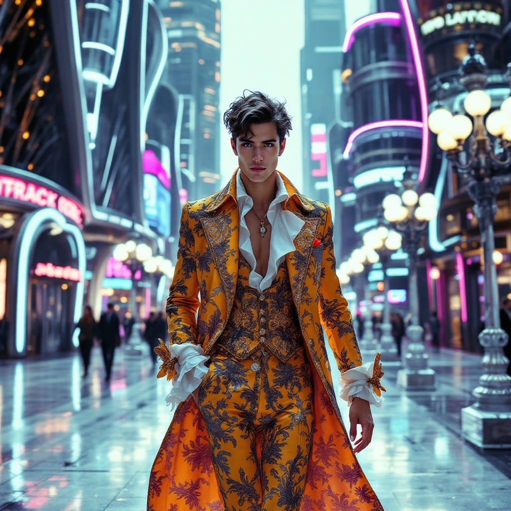 Elegant Neo-Rococo Gentleman Strolls Through Futuristic Metr...