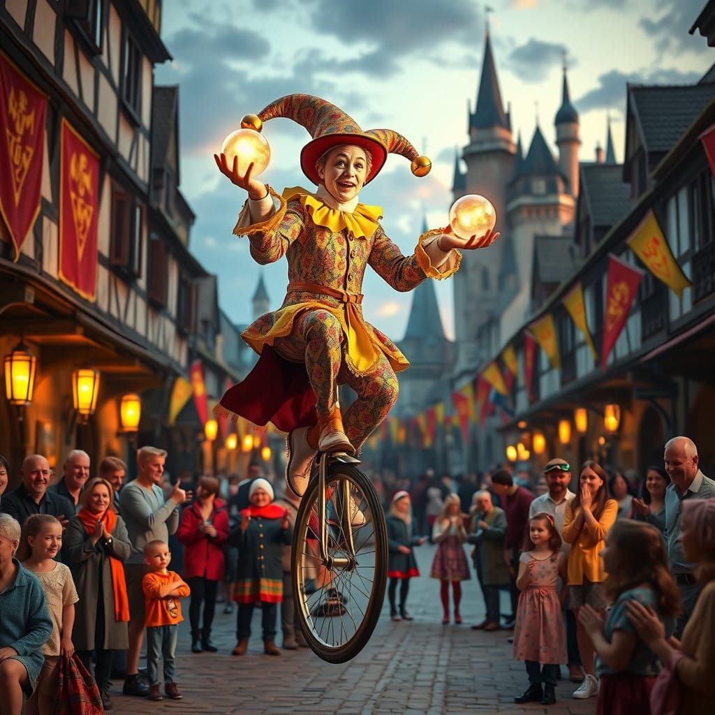 Whimsical Jester Juggles Glowing Orbs in Vibrant Medieval Co...