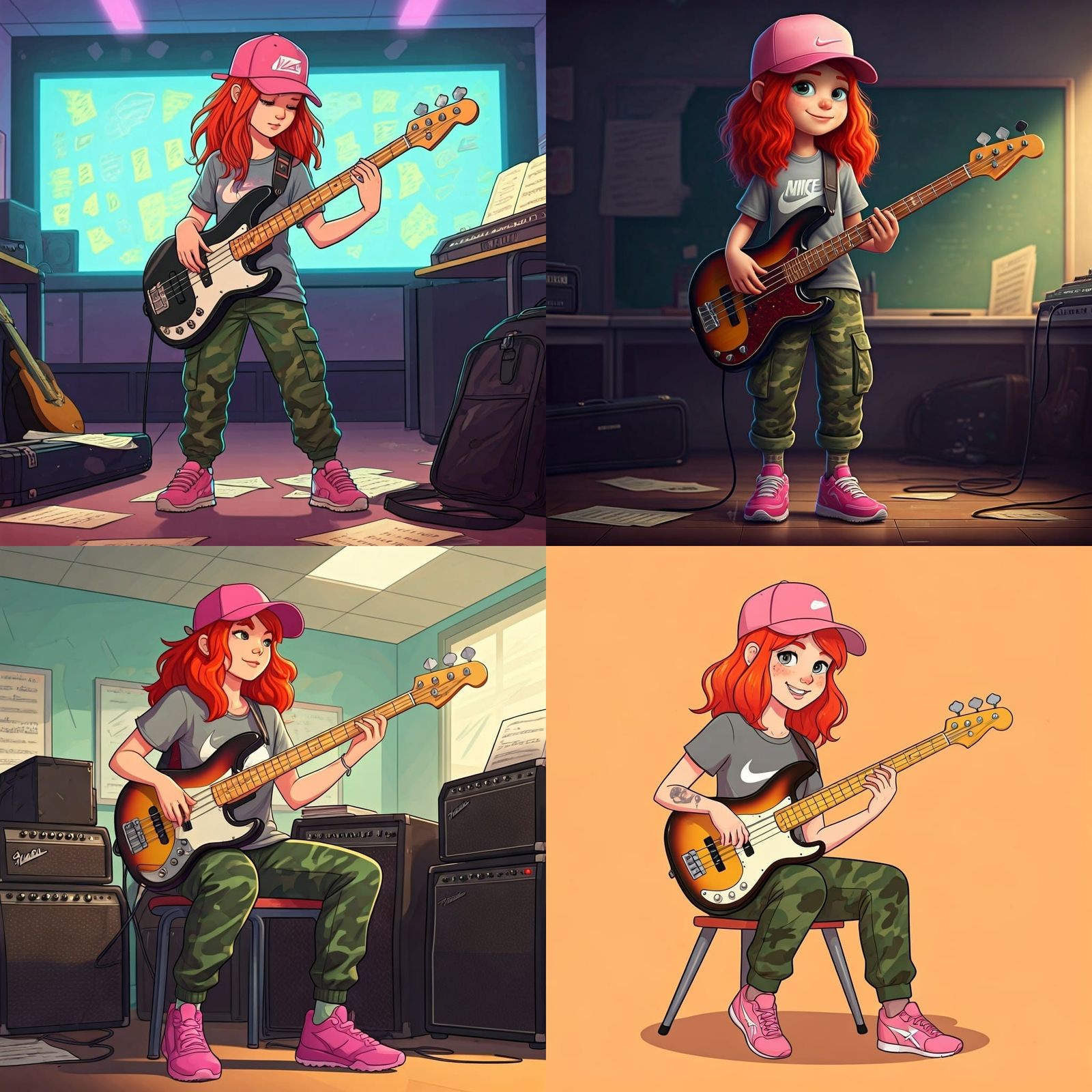 Girl Learns to Play Fender Bass Guitar in Music Class