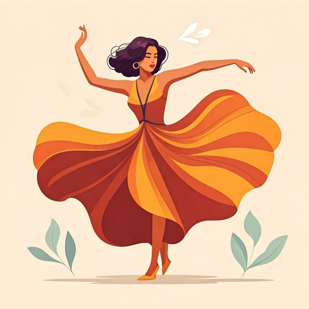 Woman in Energetic Dance with Colorful Patterns