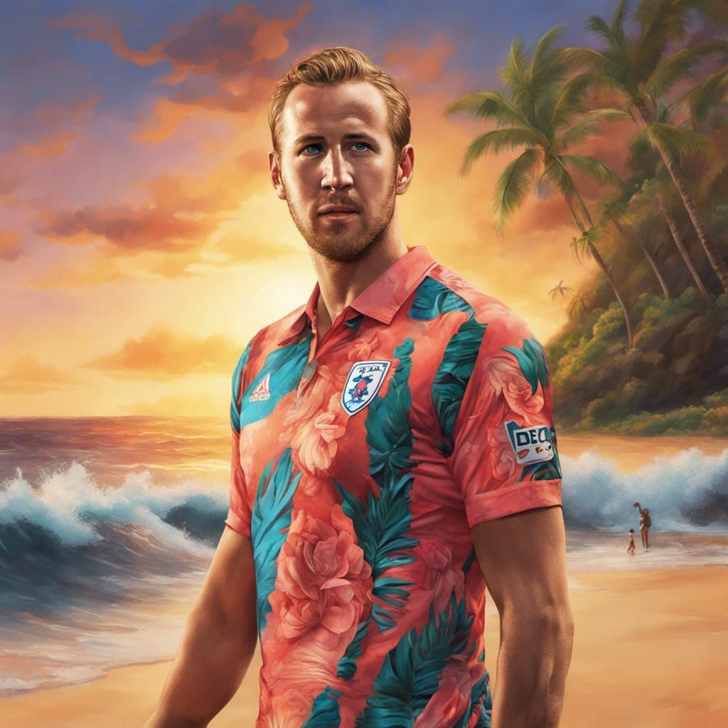 Hyperrealistic Harry Kane in Hawaii at Sunset