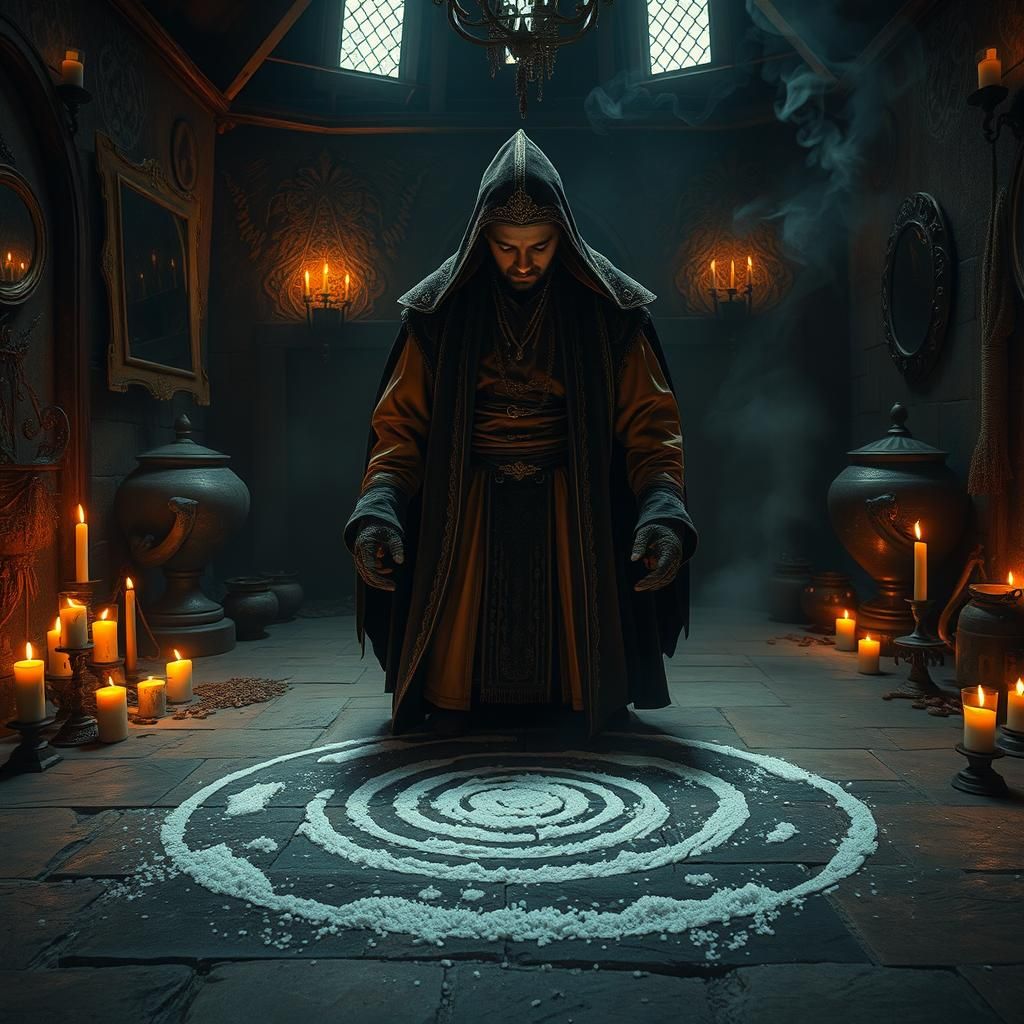 Mysterious Ritual in Dimly Lit Chamber