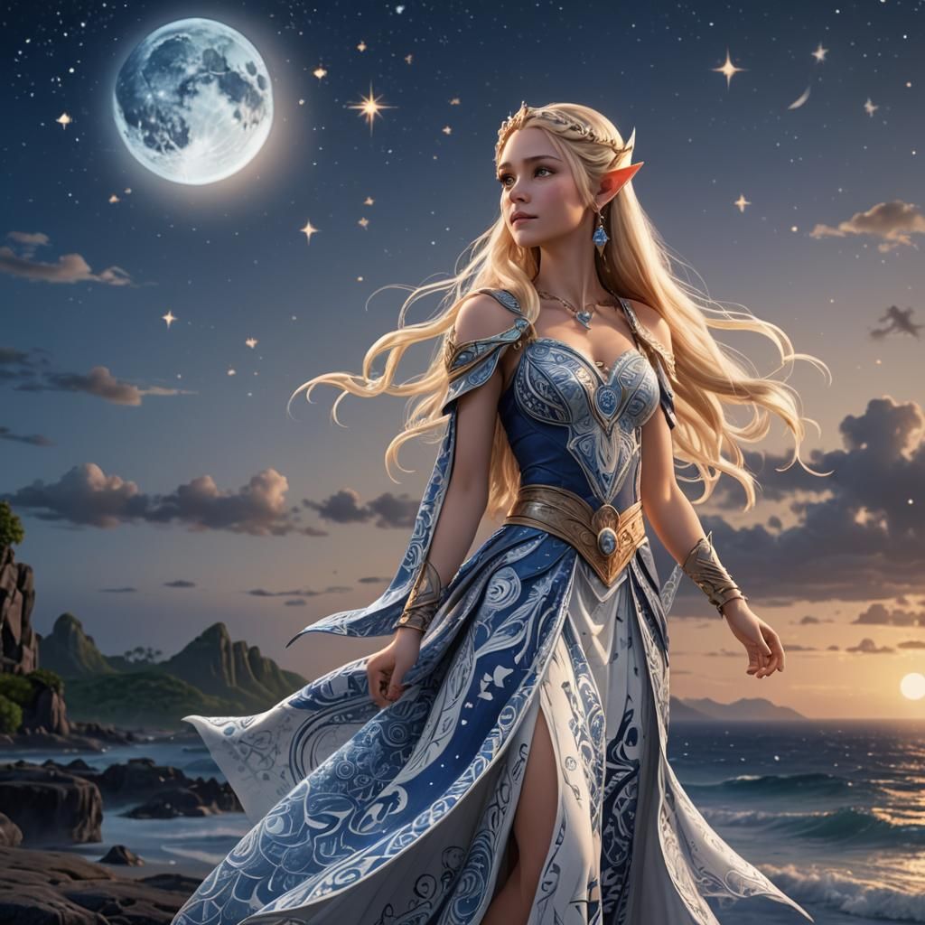 Elven Princess Overlooking Starry Ocean: 3D Digital Art