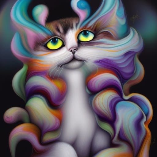 Fluffy Ragdoll cat, swirly Suprematism, by Apofiss and Pablo Picasso,colourful , Moebius Candy art style! Whimsical play...