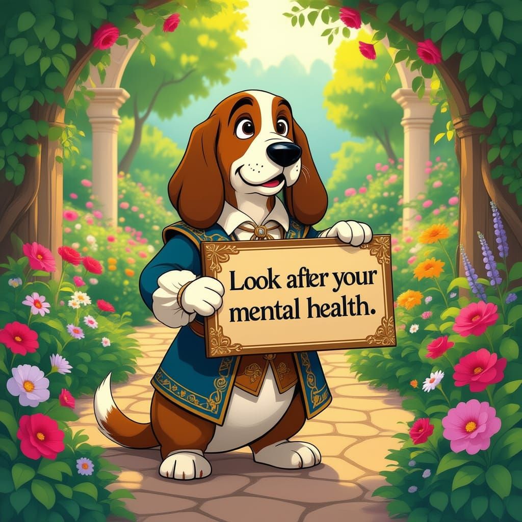Renaissance Basset Hound in Blooming Garden