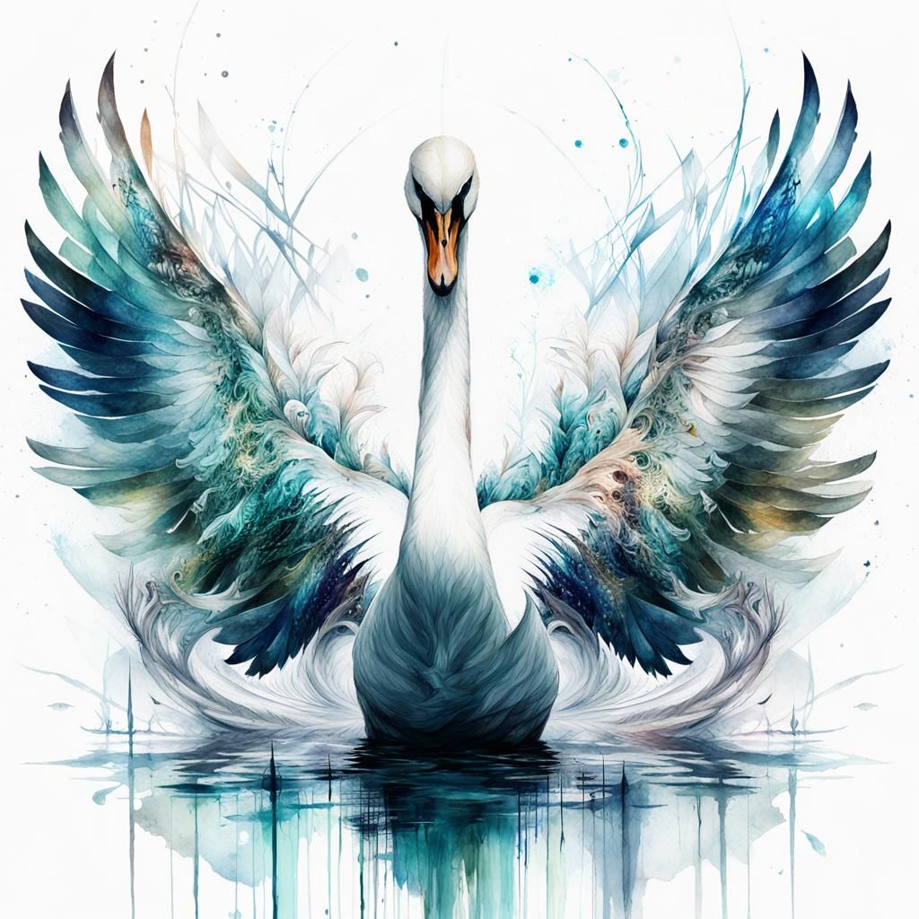 Magical Swan Double Exposure Watercolor Illustration