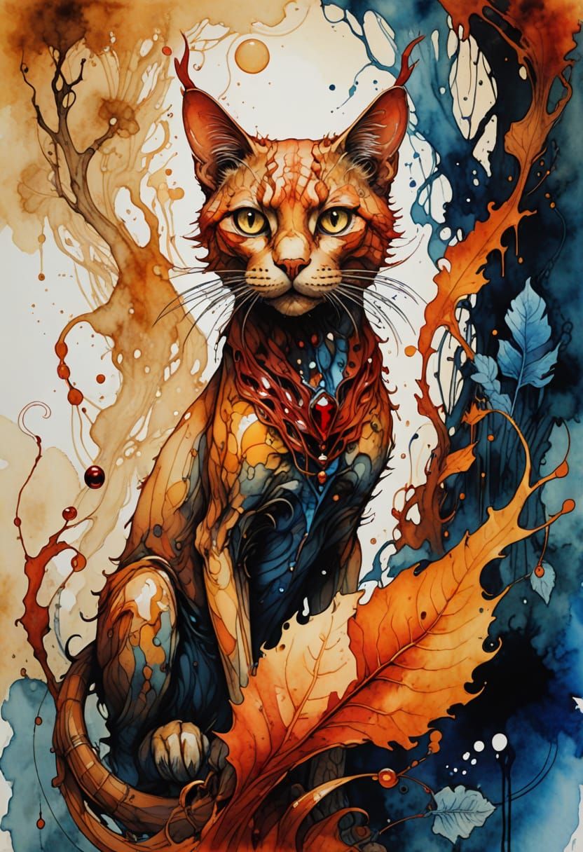 Elegant Cat in Mystical Forest: Art Deco Illustration