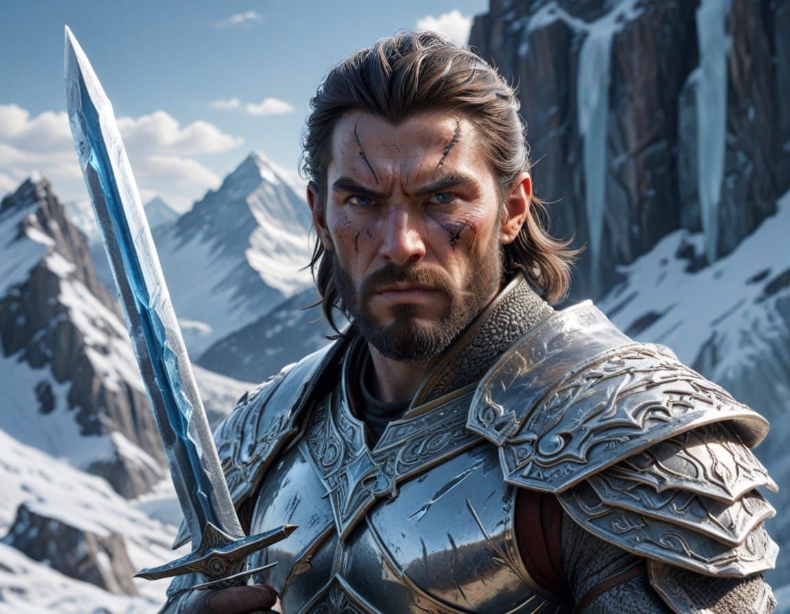 Warrior Confronts Icy Reflection in Frosty Mountain Landscap...