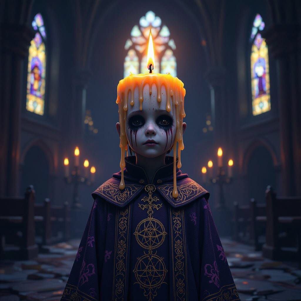 Melting Candle Child in Dark Cathedral