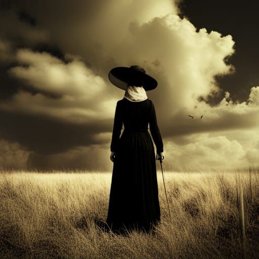 Mysterious Woman in Black Veil: Vintage Fantasy Photo