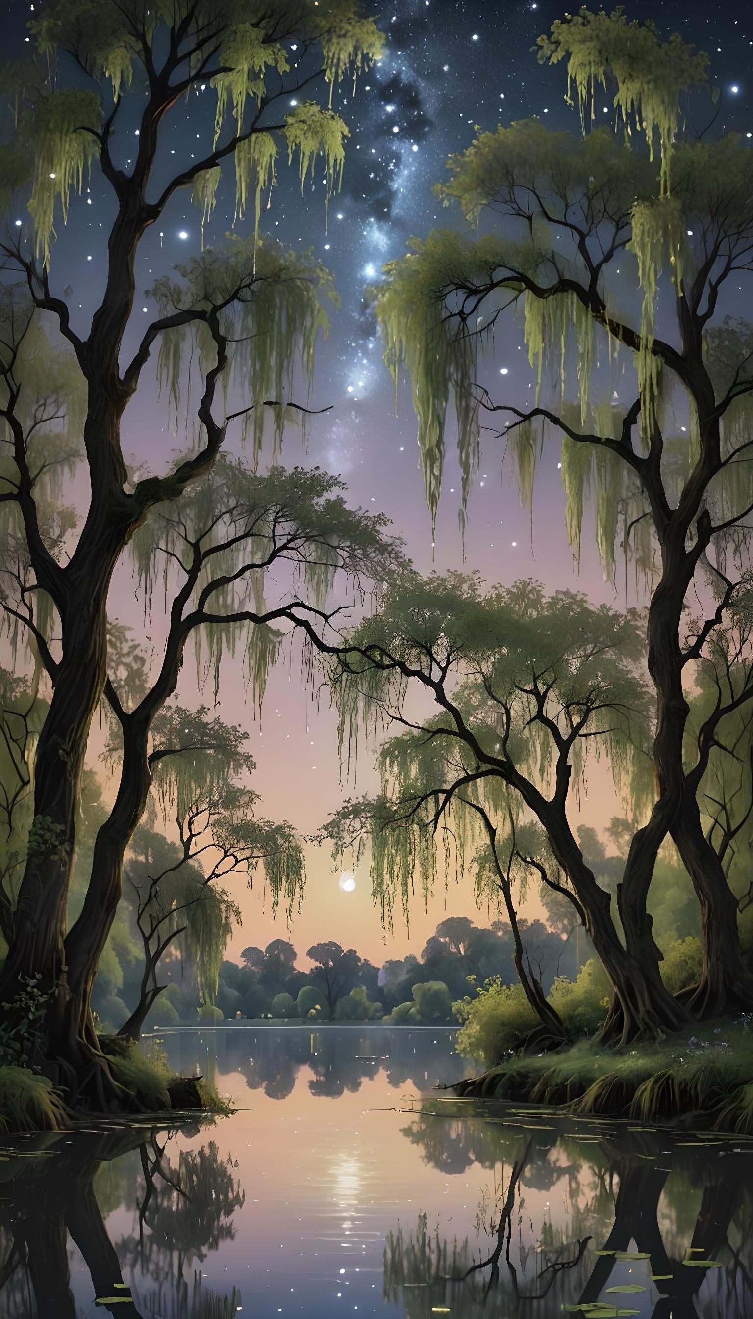 Moonlit Lake Under Starry Celestial Canopy