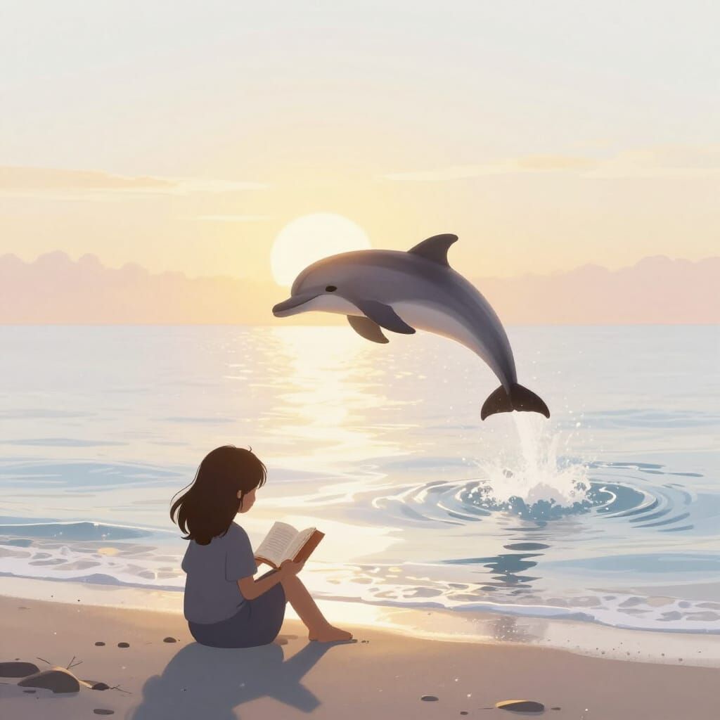 Girl Reading by White Ocean at Sunset with Leaping Dolphin
