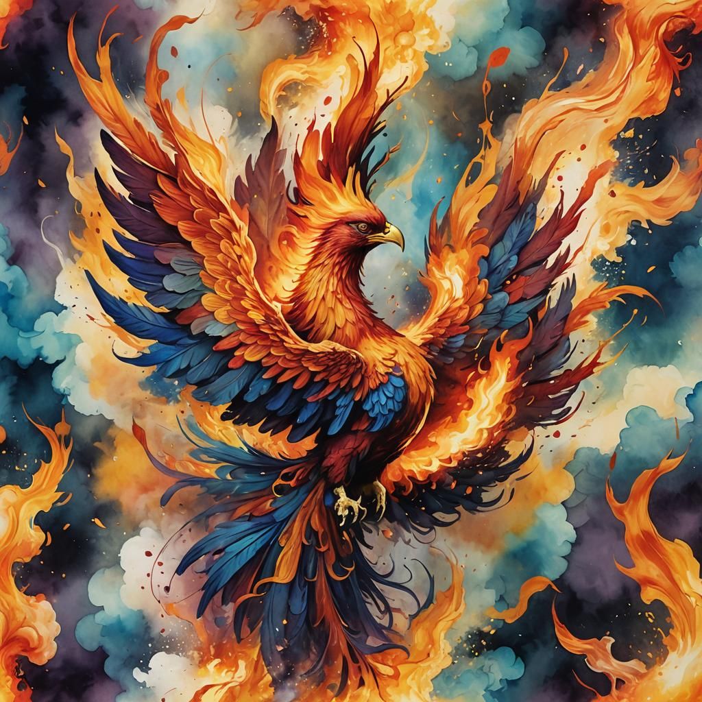 Fiery Phoenix Rising: Surreal Abstract Art
