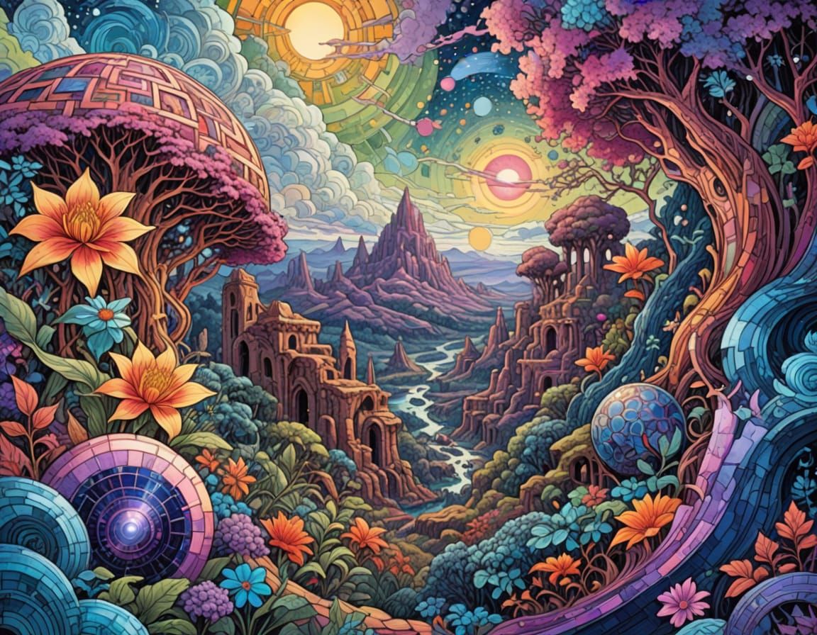 Magical Night Sky Fantasy with Ancient Ruins in Vibrant Impa...